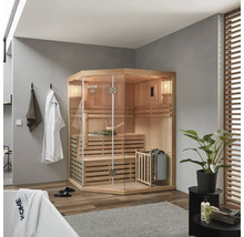 Sauna d'angle avec façade en verre, bancs et poêle de sauna dans une salle de bain