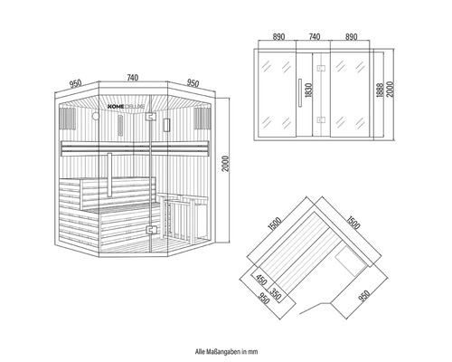 Schéma technique d'un sauna Home Deluxe avec dimensions