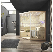 Moderne Badezimmerszene mit Sauna, Dusche und Waschtisch