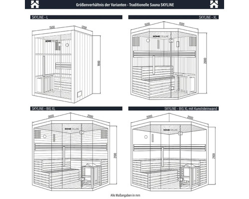 Comparaison des tailles des variantes du sauna traditionnel SKYLINE avec indication des dimensions