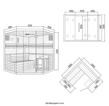 Dessin technique d'un sauna Home Deluxe avec dimensions