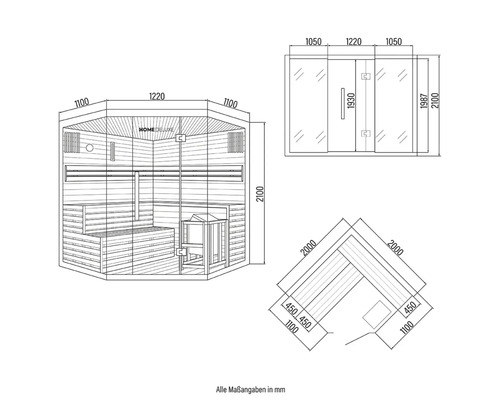 Dessin technique d'un sauna Home Deluxe avec dimensions