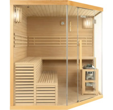 Sauna en bois avec façade en verre et bancs