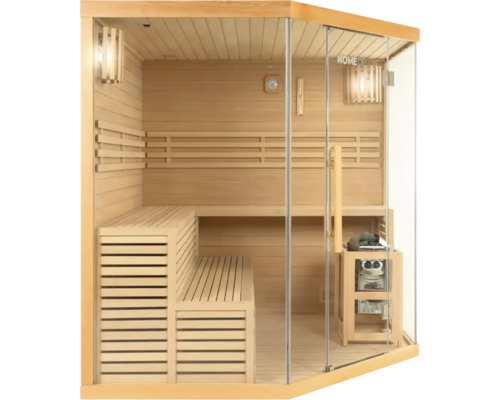 Sauna en bois avec façade en verre et bancs