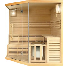Sauna intérieure avec bancs en bois, façade en verre et poêle de sauna
