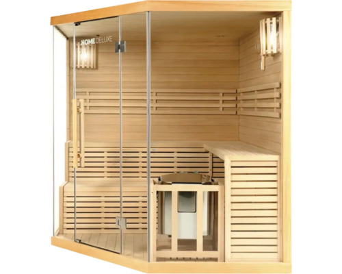 Sauna intérieure avec bancs en bois, façade en verre et poêle de sauna