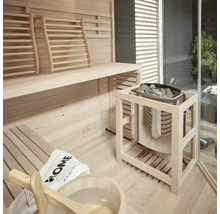 Intérieur d'un sauna avec bancs et poêle de sauna