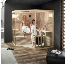 Sauna lumineuse avec façade en verre et deux personnes à l'intérieur