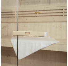 Intérieur de sauna avec poignée de porte en bois et logo Home Deluxe