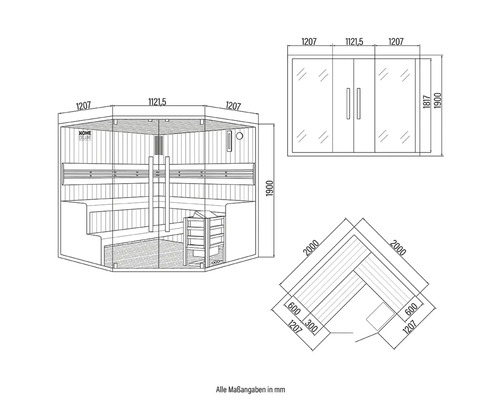 Schéma technique d'un sauna avec dimensions