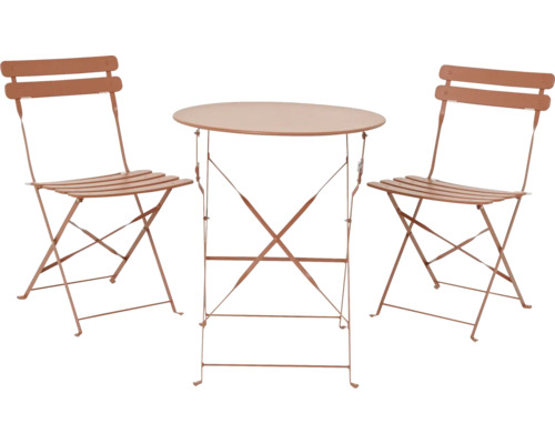 Gartenmöbelset Helsingborg 3tlg. 2x Klappstuhl, Balkontisch korallfarben Gartentischgruppe mit zwei Klappstühlen und einem runden Tisch für den Garten.