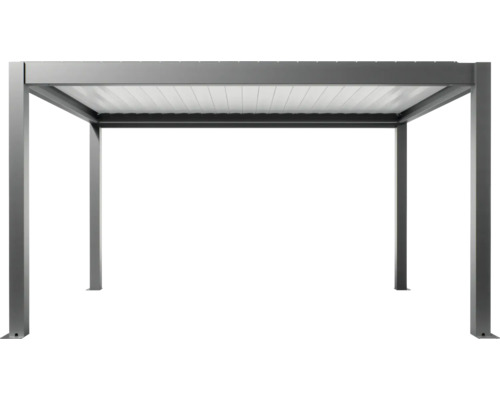 Pergola grise autoportante avec toit à lamelles.