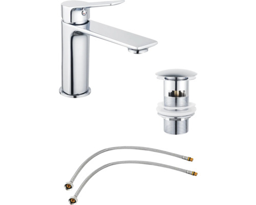 Waschtischarmatur mit Ablaufgarnitur und flexiblen Anschlussschläuchen