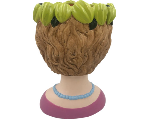 Pot de fleurs en forme de tête de femme avec couronne de fleurs