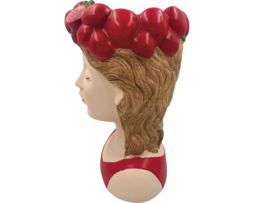 Pot de fleurs en forme de tête de femme avec des fraises comme accessoires pour cheveux