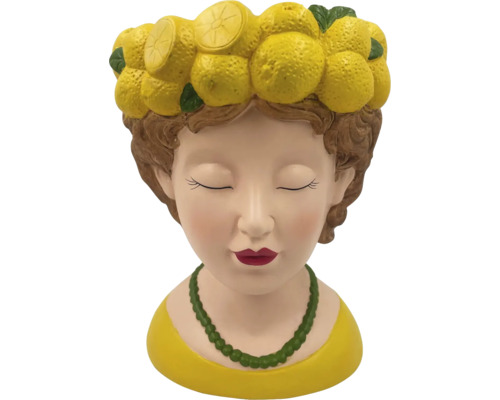 Pot de fleurs en forme de tête de femme avec des citrons