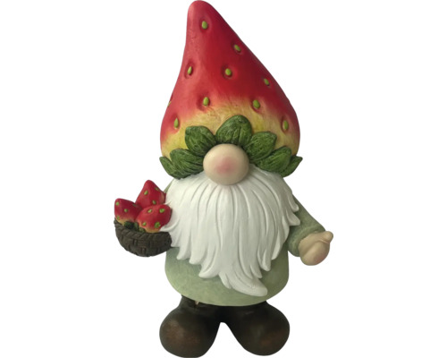 Gartenzwerg mit Erdbeerhut und Erdbeeren im Korb