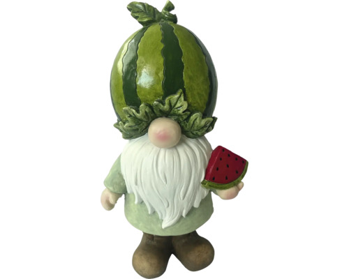 Gartenzwerg mit Wassermelone als Kopf und einer Melone in der Hand