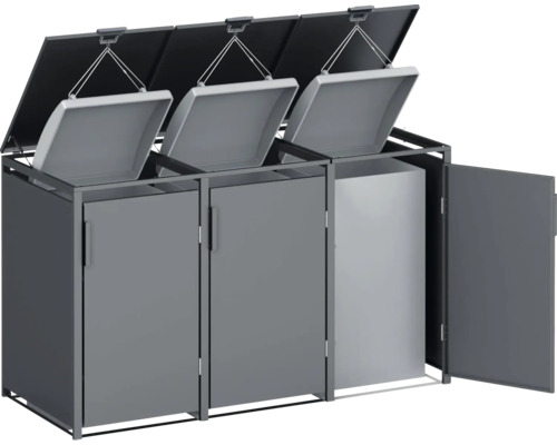 Cache-poubelle pour trois poubelles avec couvercle et porte