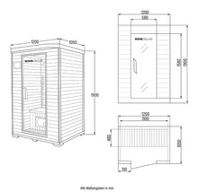 Dessin technique d'un sauna Home Deluxe avec dimensions.