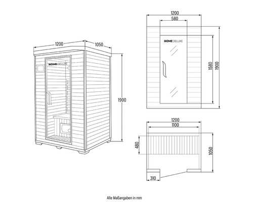 Dessin technique d'un sauna Home Deluxe avec dimensions.
