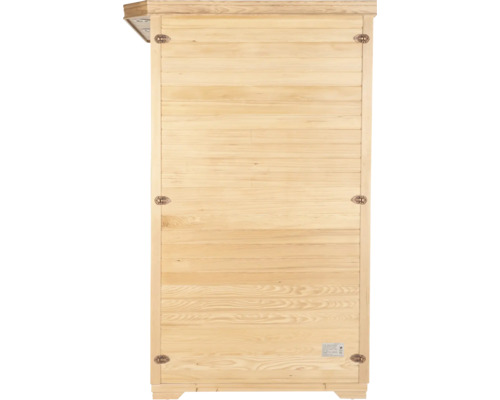 Vue extérieure d'un sauna en bois avec des panneaux horizontaux