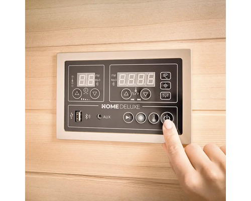 Panneau de commande d'un sauna Home Deluxe avec affichage numérique et éléments de commande