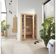 Salle de bains avec sauna infrarouge, ensemble de lavabo et plantes d'intérieur pour une atmosphère relaxante