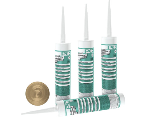 Mehrere Tuben PCI Silcoferm S Dichtstoff und ein Muster der Dichtmasse
