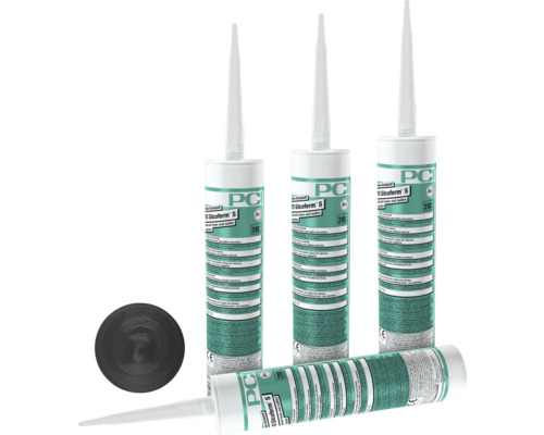 PCI Silcoferm® S Silikon Dichtstoff für innen und aussen anthrazit 310 ml Mehrere Kartuschen PCI Silcoferm S Dichtstoff und ein schwarzer Verschlussstopfen