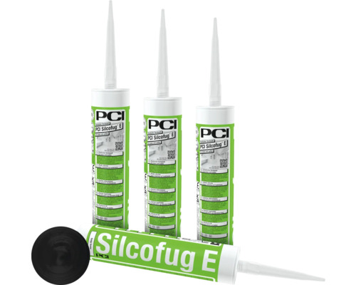 PCI Silcofug® E Elastischer Dichtstoff für innen und aussen schwarz 310 ml Mehrere Kartuschen PCI Silcofug E Dichtstoff und eine schwarze Dichtstoffprobe.