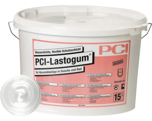 Mastic d'étanchéité PCI Lastogum en seau pour revêtements céramiques dans la douche et la salle de bain, 15 kilogrammes