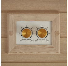 Gros plan sur les commandes d'un sauna permettant de régler l'intensité des zones cervicales et lombaires