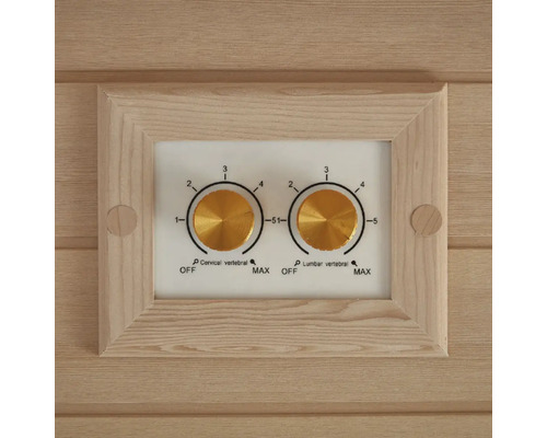 Gros plan sur les commandes d'un sauna permettant de régler l'intensité des zones cervicales et lombaires