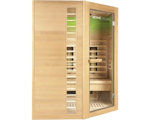 Sauna infrarouge en bois avec éléments en verre et logo Home Deluxe