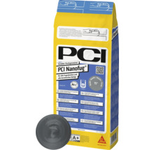 PCI Nanofug flexibler Fugenmörtel für alle Fugenbreiten und keramischen Beläge in gelber Verpackung mit Basalt Farbbeispiel