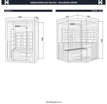 Comparaison des tailles de la cabine infrarouge SAHARA dans les variantes L et XXL avec indications de dimensions