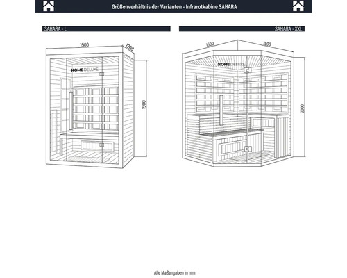 Comparaison des tailles de la cabine infrarouge SAHARA dans les variantes L et XXL avec indications de dimensions