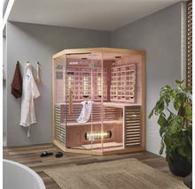 Sauna infrarouge d'angle Home Deluxe avec porte en verre et revêtement en bois dans la salle de bain