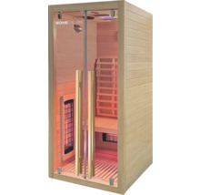 Vue intérieure d'un sauna avec porte en verre et revêtement en bois