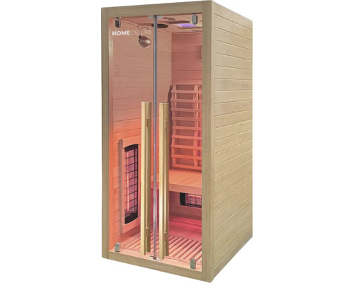 Vue intérieure d'un sauna avec porte en verre et revêtement en bois