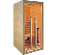 Sauna infrarouge en bois avec porte en verre et aménagement intérieur