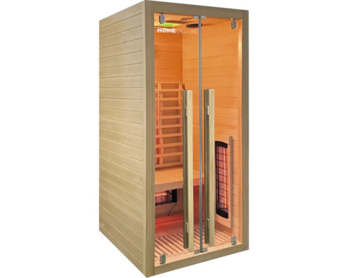 Sauna infrarouge en bois avec porte en verre et aménagement intérieur