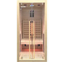 Vue intérieure d'un sauna infrarouge Home Deluxe avec bancs en bois et éléments chauffants.