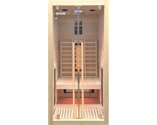 Vue intérieure d'un sauna infrarouge Home Deluxe avec bancs en bois et éléments chauffants.