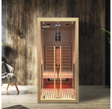 Sauna infrarouge avec revêtement en bois et porte en verre