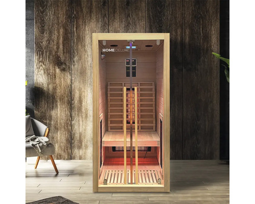 Sauna infrarouge avec revêtement en bois et porte en verre