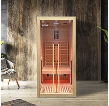 Sauna infrarouge avec bancs en bois et porte en verre