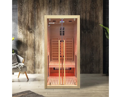 Sauna infrarouge avec bancs en bois et porte en verre