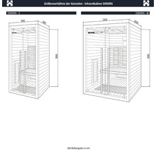 Comparaison de taille des cabines infrarouges SONORA S et M avec dimensions